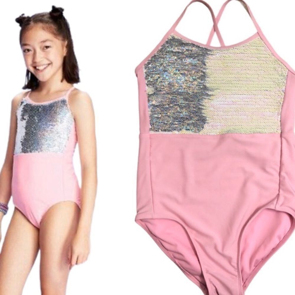 More than magic flip sequin pink swimsuit bathing suit one piece girls L 10/12